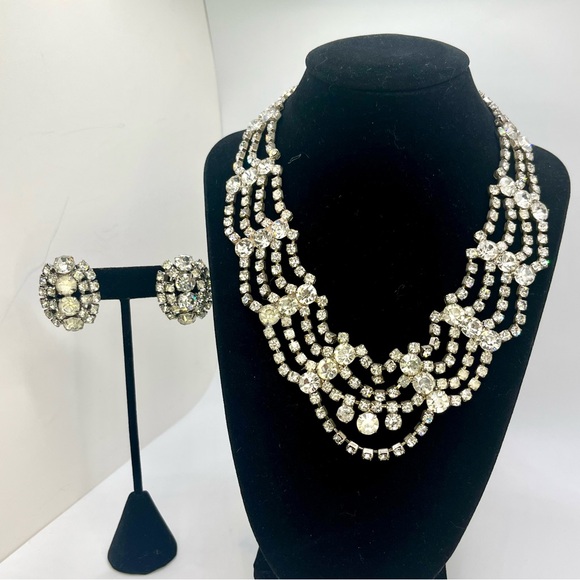 Vintage Multi Strand Rhinestone Necklace Earrings Set | Silver Tone | Statement - Picture 14 of 16